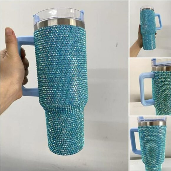 BLUE RHINESTONE 40oz TUMBLER WITH HANDLE- BLING CUP - Picture 5 of 6